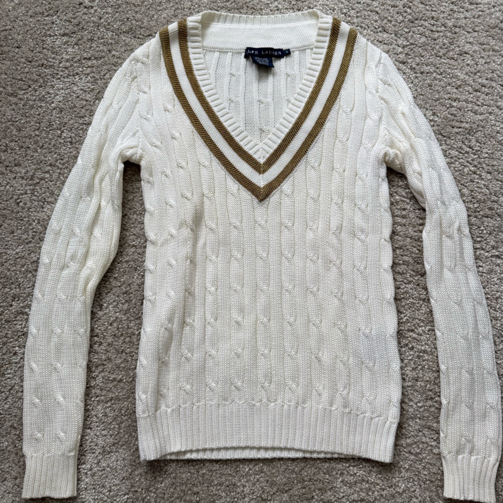 Ralph Lauren Cream & Gold Metallic Cable Knit Sweater